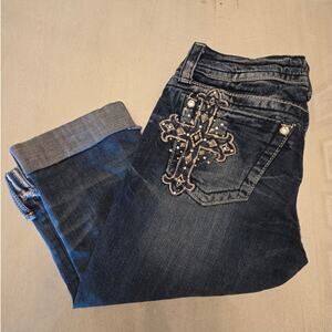 Miss Me Women's Denim Crop Jean SZ 27 Cuffed Cross Studded Rhinestones
